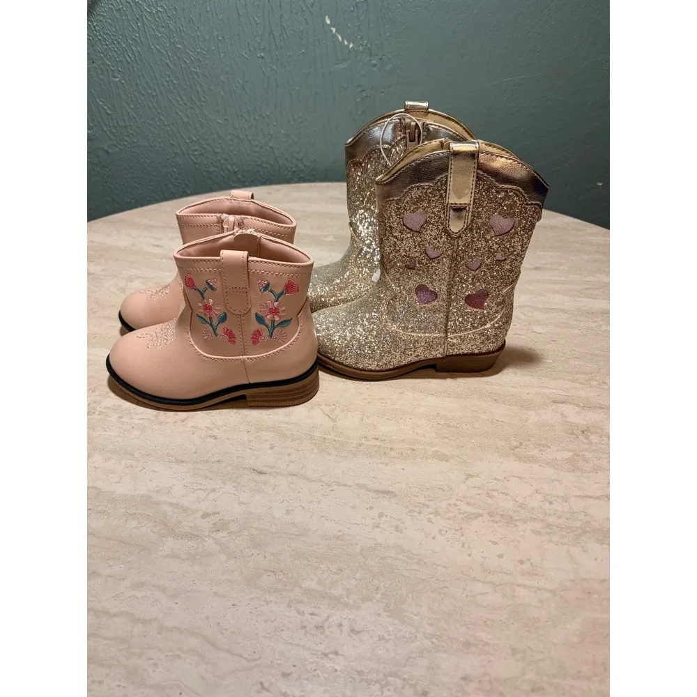 Cat & Jack Toddler Girls Western Boots Bundle Pink Floral Gold Glitter Heart 7